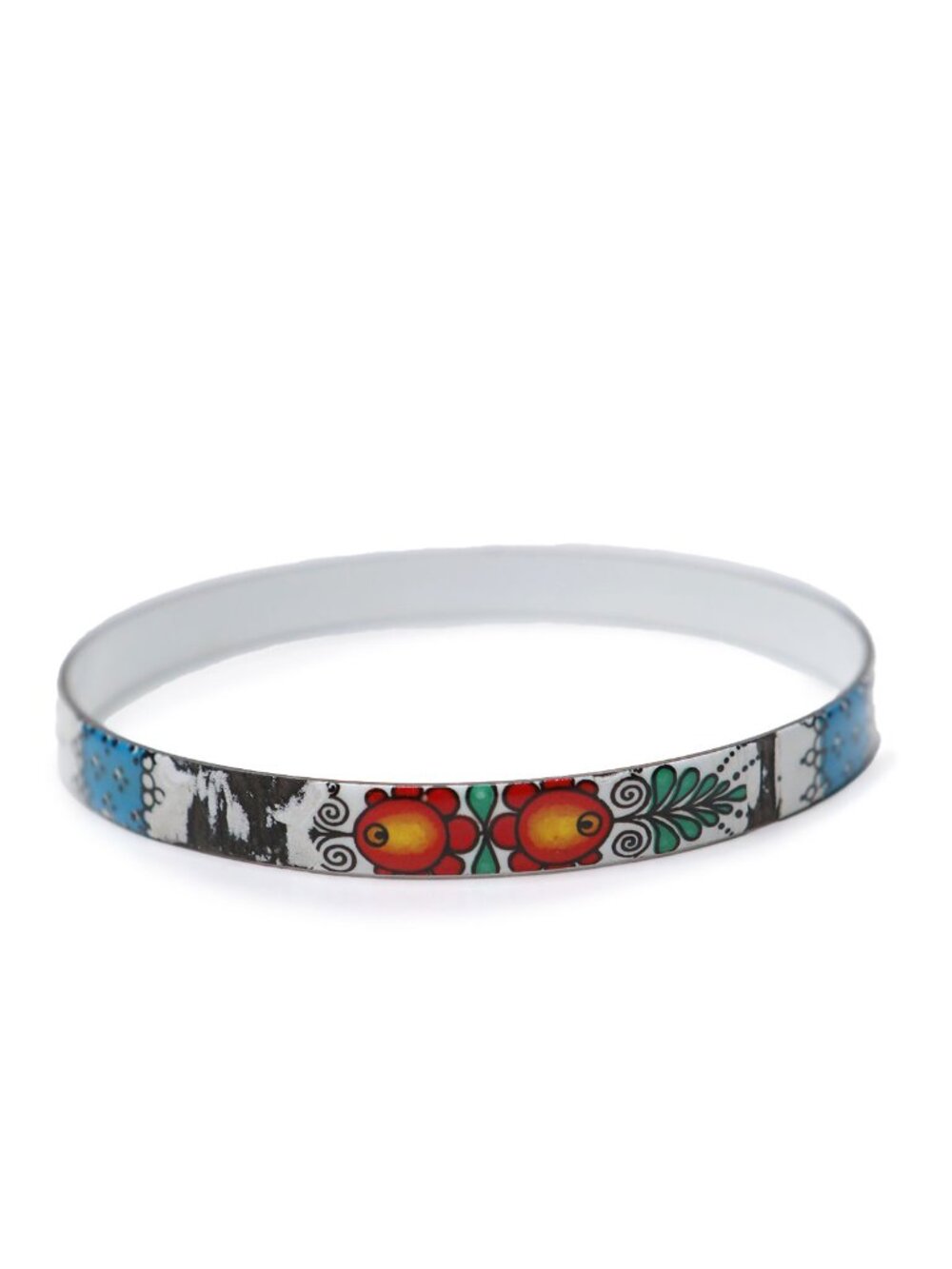 Vintage Arta Austria Hand Painted Enamel Bangle - Floral Folk Art Design - White